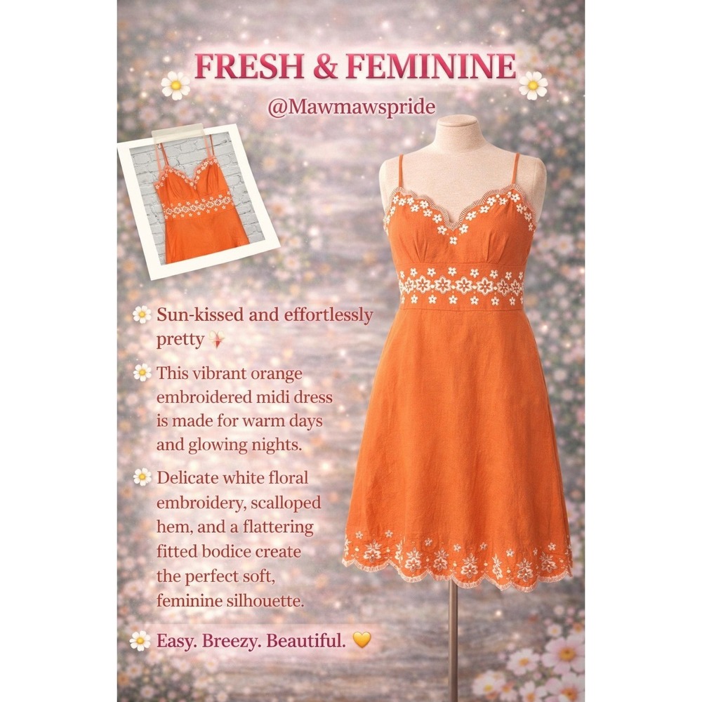 Andre Oliver Orange Embroidered Floral Midi Dress Scalloped Hem Womens Size 14